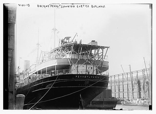 Photo:Deck of Pennsylvania showing the Curtiss biplane
