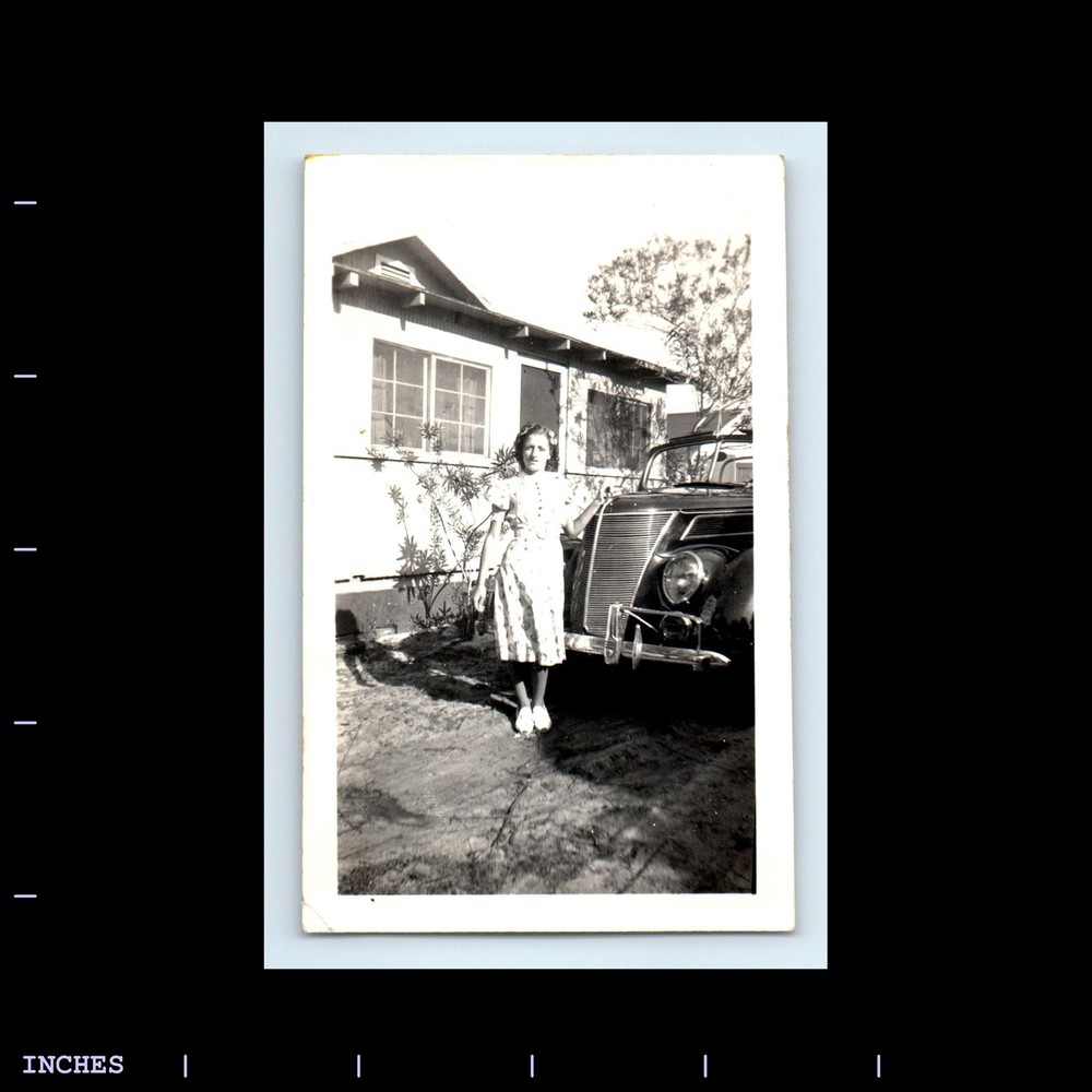 Old Vintage Photo WOMAN BY CLASSIC CAR IN DRIVEWAY