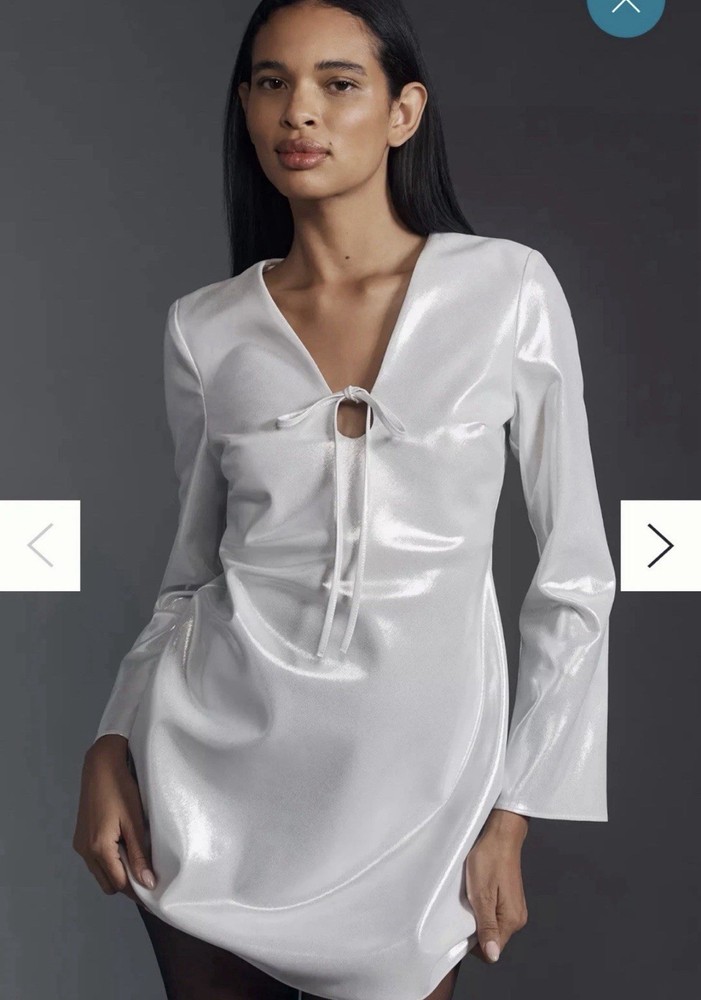 By Anthropologie Long-Sleeve V-Neck Metallic Mini Dress Silver Size Small!