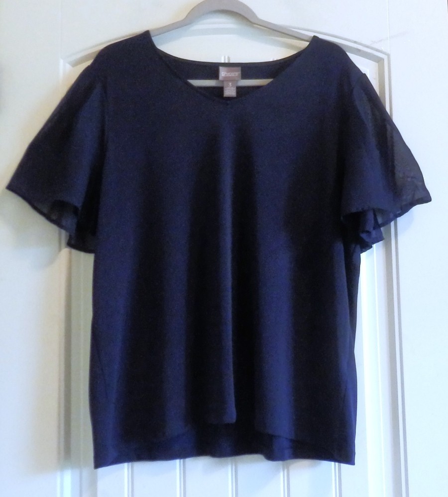 CHICO'S Women's Navy V-Neck Blouse Top Sheer Flutter Short Sleeves SZ 3 or XL