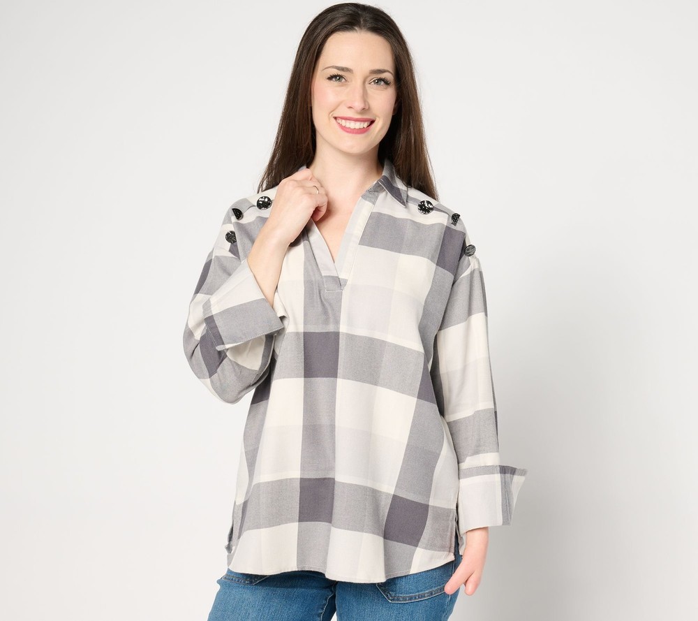 Peace Love World Women's Top Sz M Button Detail Popover Shirt Silver A667939
