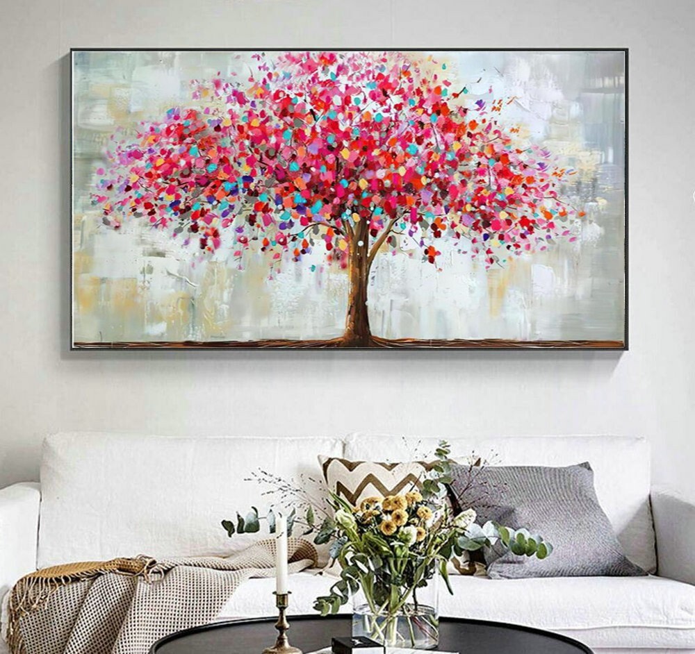 Hand Painted Tree Flowers Abstract Oil Painting On Canvas Home Decor Wall Art