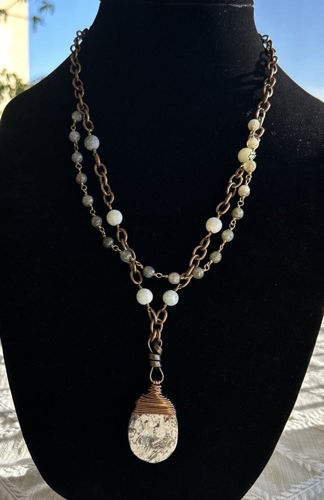 ALJ Brutalist Copper wire wrapped Jasper Pendant on  Agate Beaded Necklace