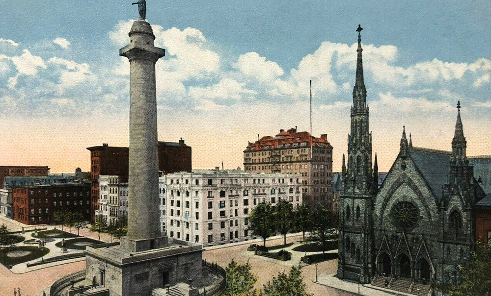 Mt. Vernon Place, Baltimore, Maryland MD- Vintage w/b Postcard -Church, Monument