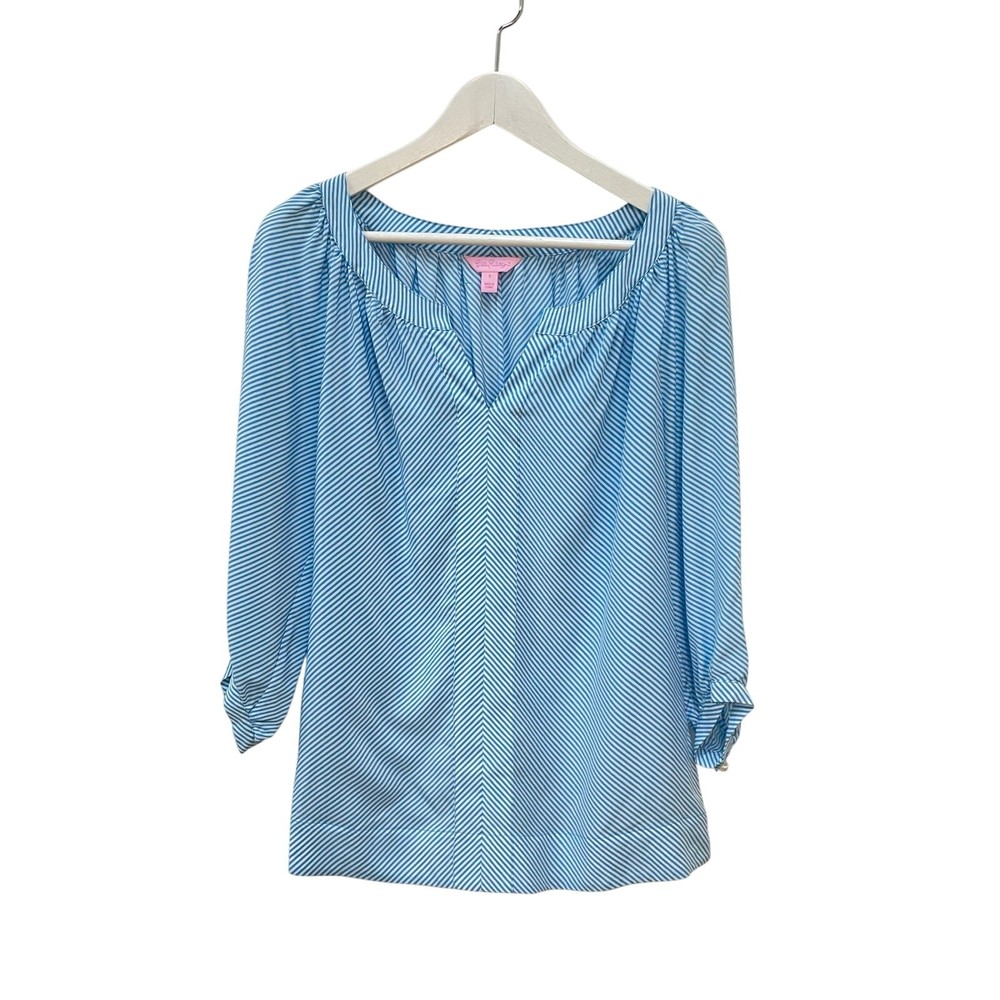 Lilly Pulitzer Moxy Blue White Striped Silk 3/4 Sleeve V-Neck Top Size S