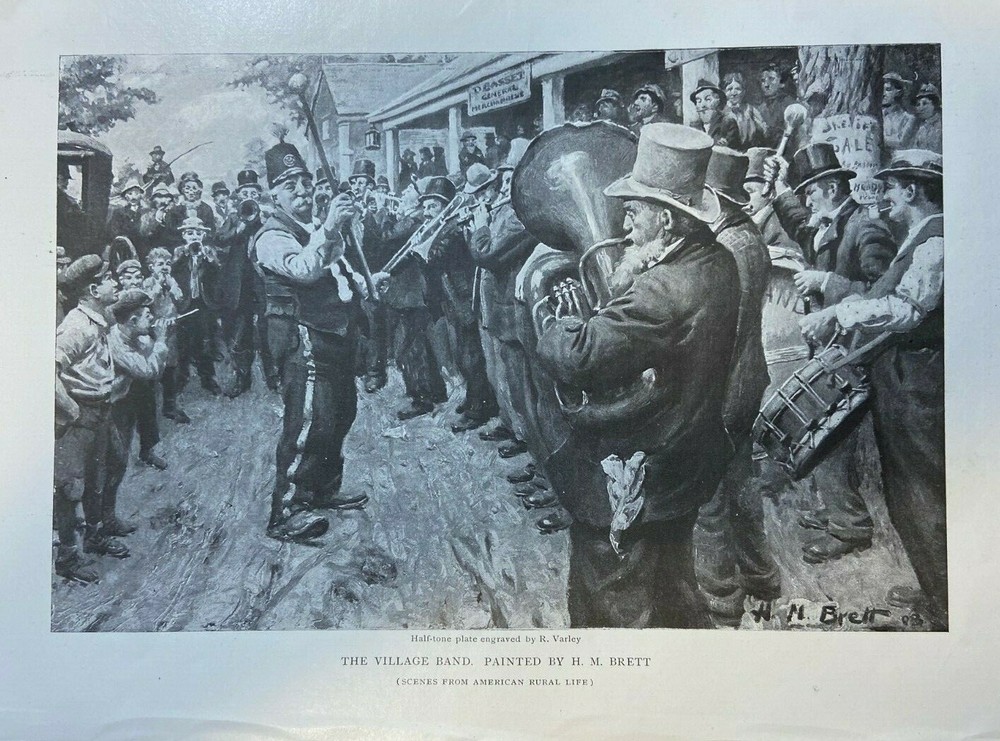 1908 Vintage Magazine Illustration The Village Band by H. M. Brett