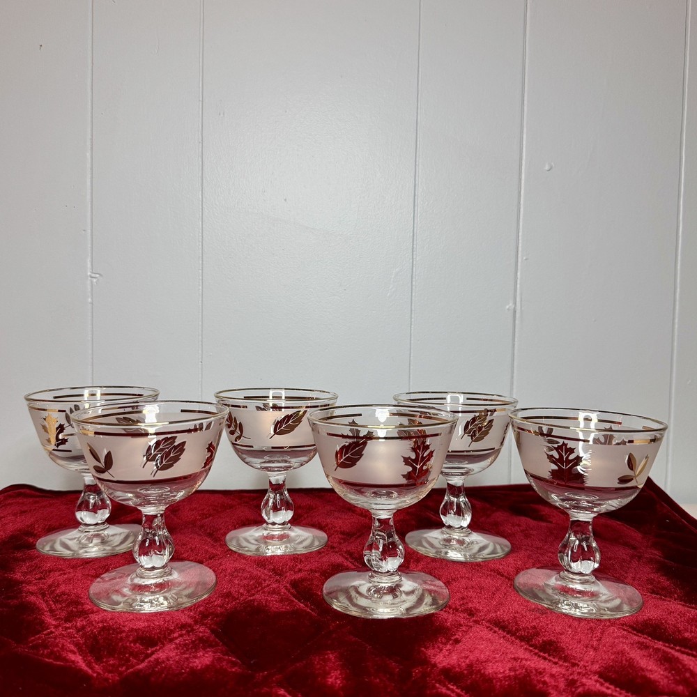 Set Of  6 Vintage Libbey Gold Leaf Champagne Wine Sherbet Dessert Glasses