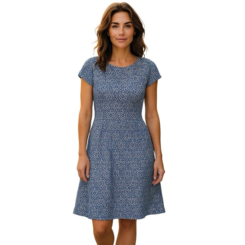 AB Studio Womens Fit Flare Dress Size 16 Blue  White Cap Sleeves Stretch Church