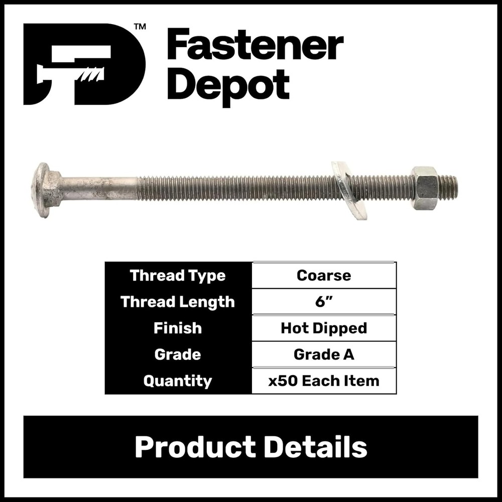 5/16”-18 x 7” Hot Dipped Galvanized Carriage Bolt Kit w/ Nuts & Washers—50x