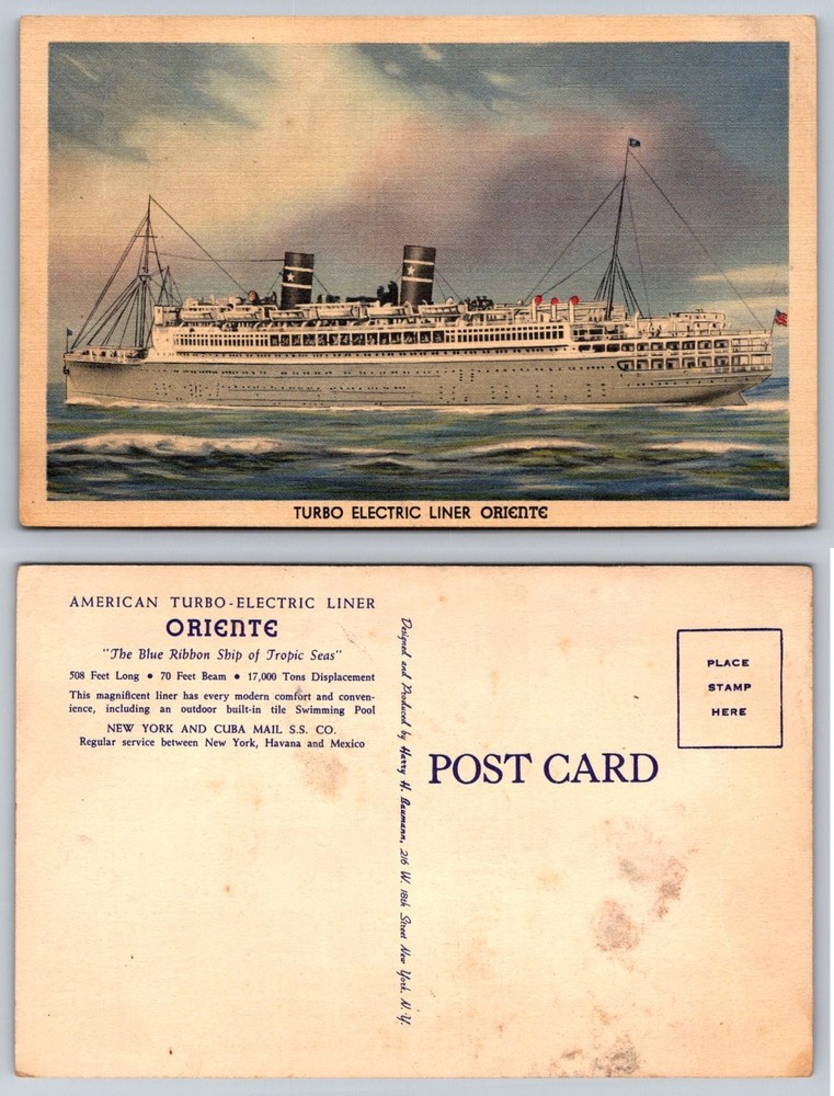 Turbo Electric Liner ORIENTE Cruise Ship Postcard New York Cuba Mexico Bauman