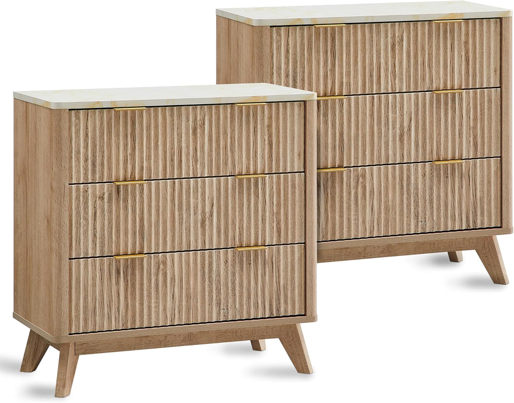 T4TREAM Fluted 3 Drawers Nightstand Set of 2, Oversized Extra Large Modern Side