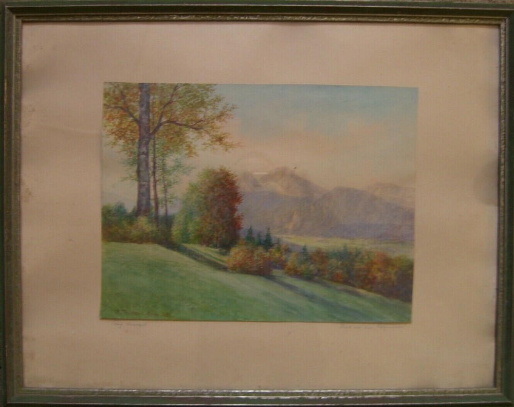 K.Richter Mountain Hill Forest Trees Autumn Alps Meadow Aua Stained Antique