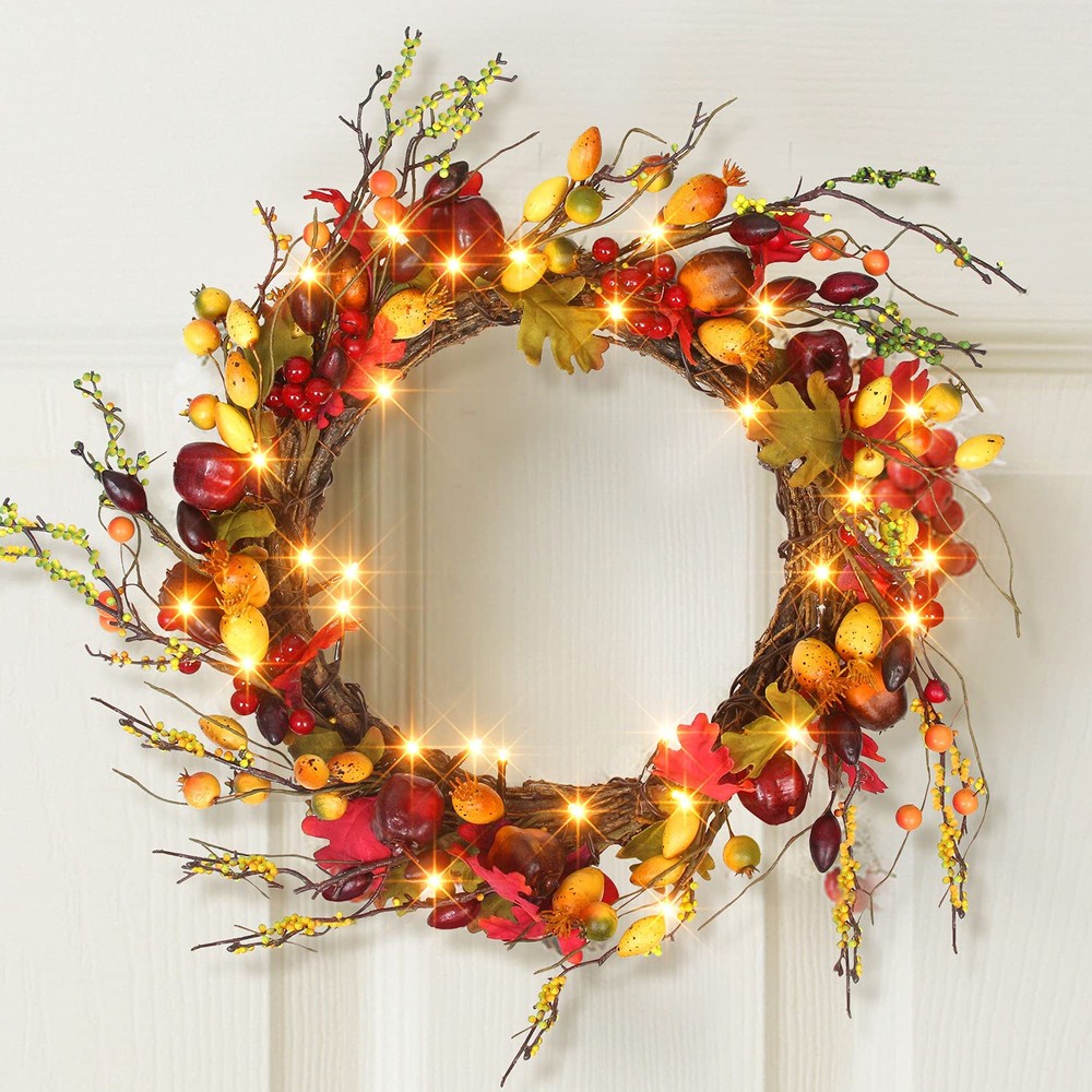 18-Inch Battery-Operated Thanksgiving Wreath with Timer for Front Door
