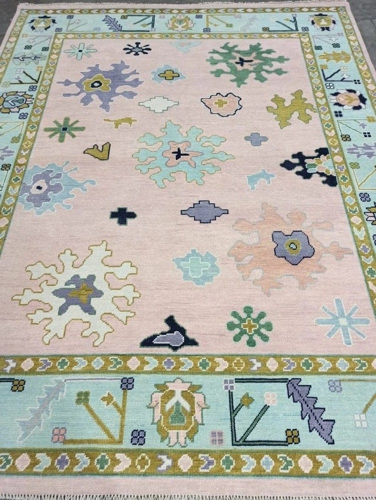 Hand Knotted Oushak Rug Pink Pastel Wool Area Rug Modern Floral Turkish Décor