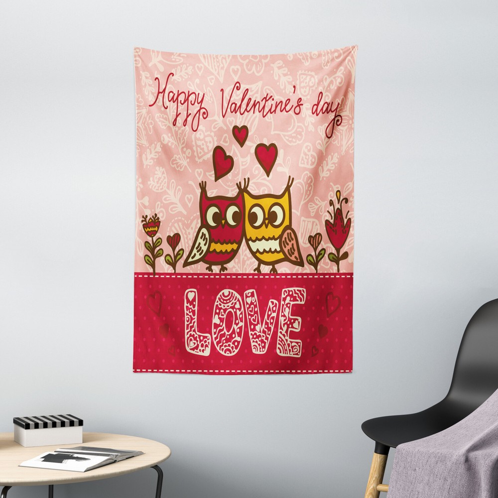 Valentines Day Tapestry Owls Love Heart Print Wall Hanging Decor