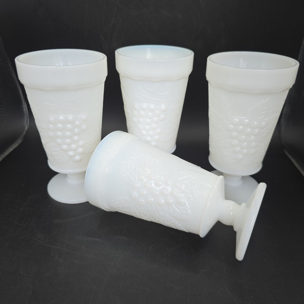 Set of 4 Vintage Indiana Harvest Grape Colony Milk Glass Footed Pedestal Goblets