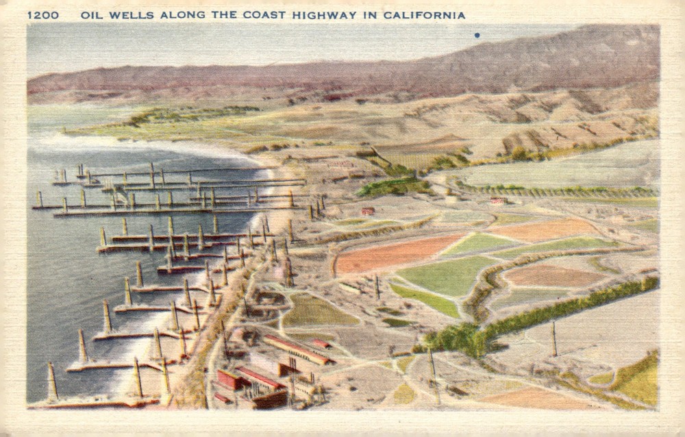 1940s Oil Wells Along Coast Highway California Linen Litho Postcard Longshaw
