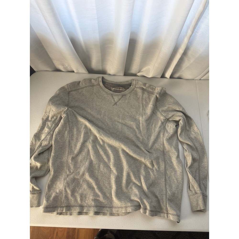 Eddie Bauer Mens XL Grey Waffle Knit Thermal Long Sleeve Shirt Cotton Crew Neck