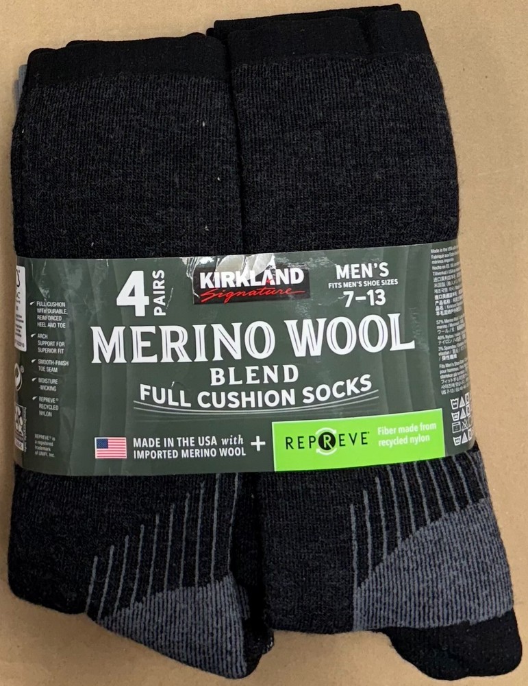 Kirkland Signature Men's Merino Wool Blend Full Cushion Socks 4 Pairs, Size 7-13