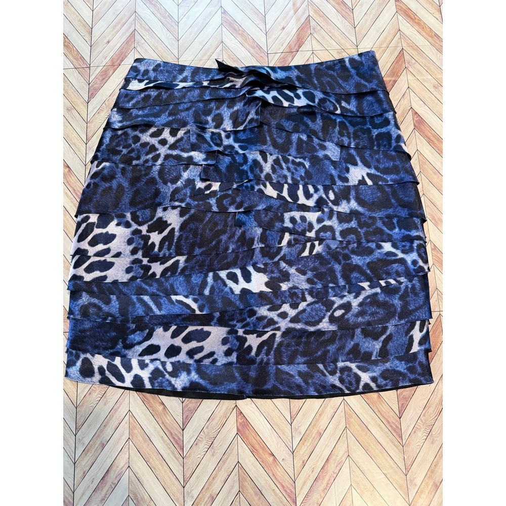 Y2K Bebe Womens Blue Leopard Print Tiered Ruffle Mini Skirt Bodycon Stretch M