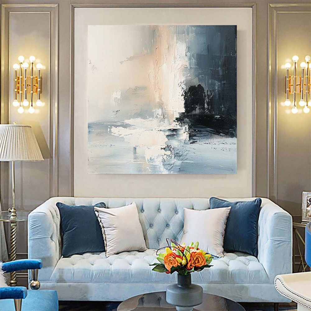 Hand Painted Abstract Black With White Oil Painting On Canvas Thick Textured