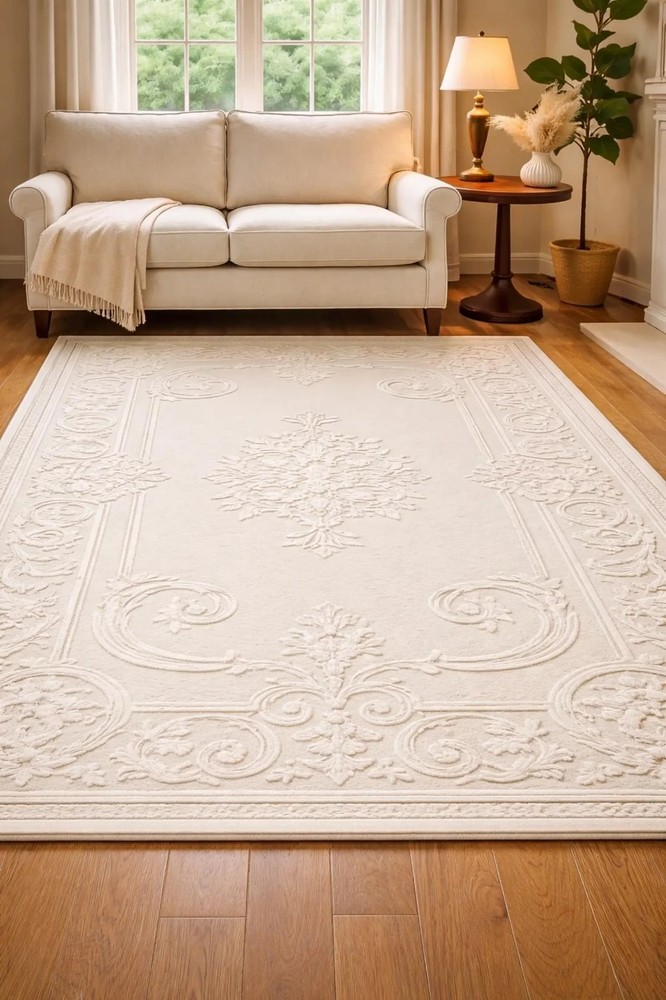 Cream Embossed Floral Wool Rug | Hand Tufted Luxury Area Rug