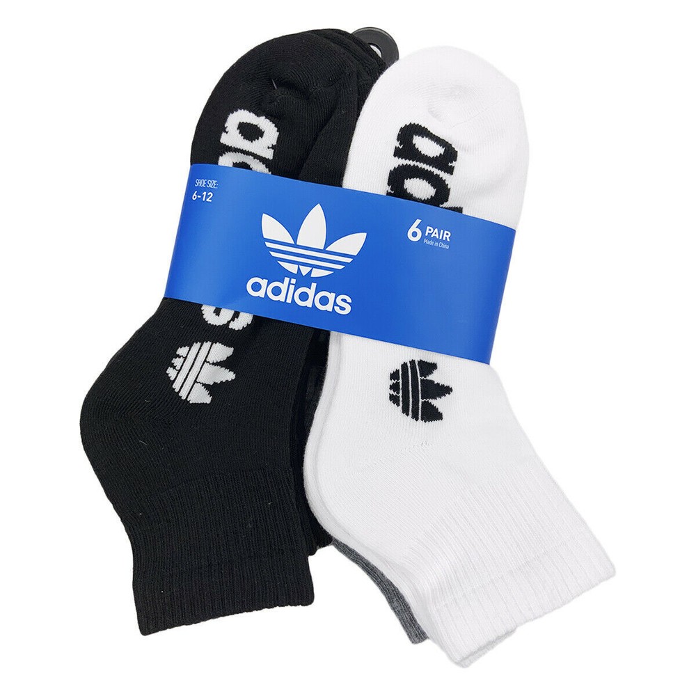 MSRP $26.99 NWT 6-PAIRS PACK ADIDAS MENS BLACK WHITE GRAY QUARTER CUT SOCKS 6-12