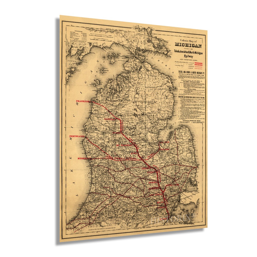 1886 State of Michigan Map Poster - Vintage Michigan USA Wall Art Decor Print