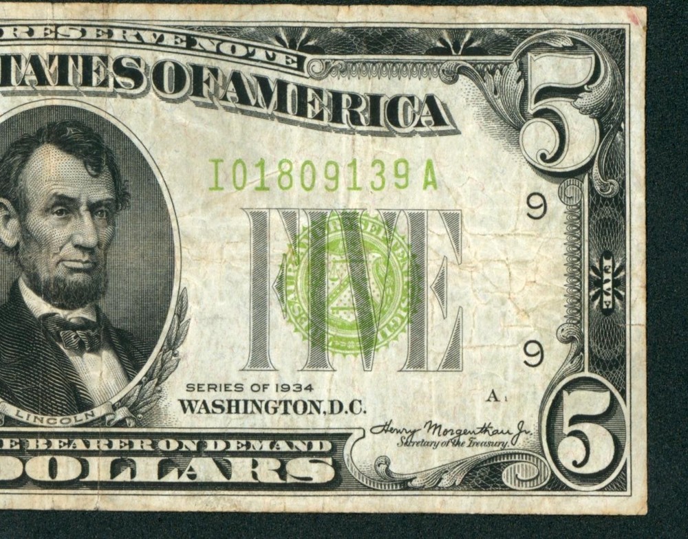 $5 1934 LGS LIME ((LIGHT GREEN SEAL)) Federal Reserve Note ** PAPER CURRENCY