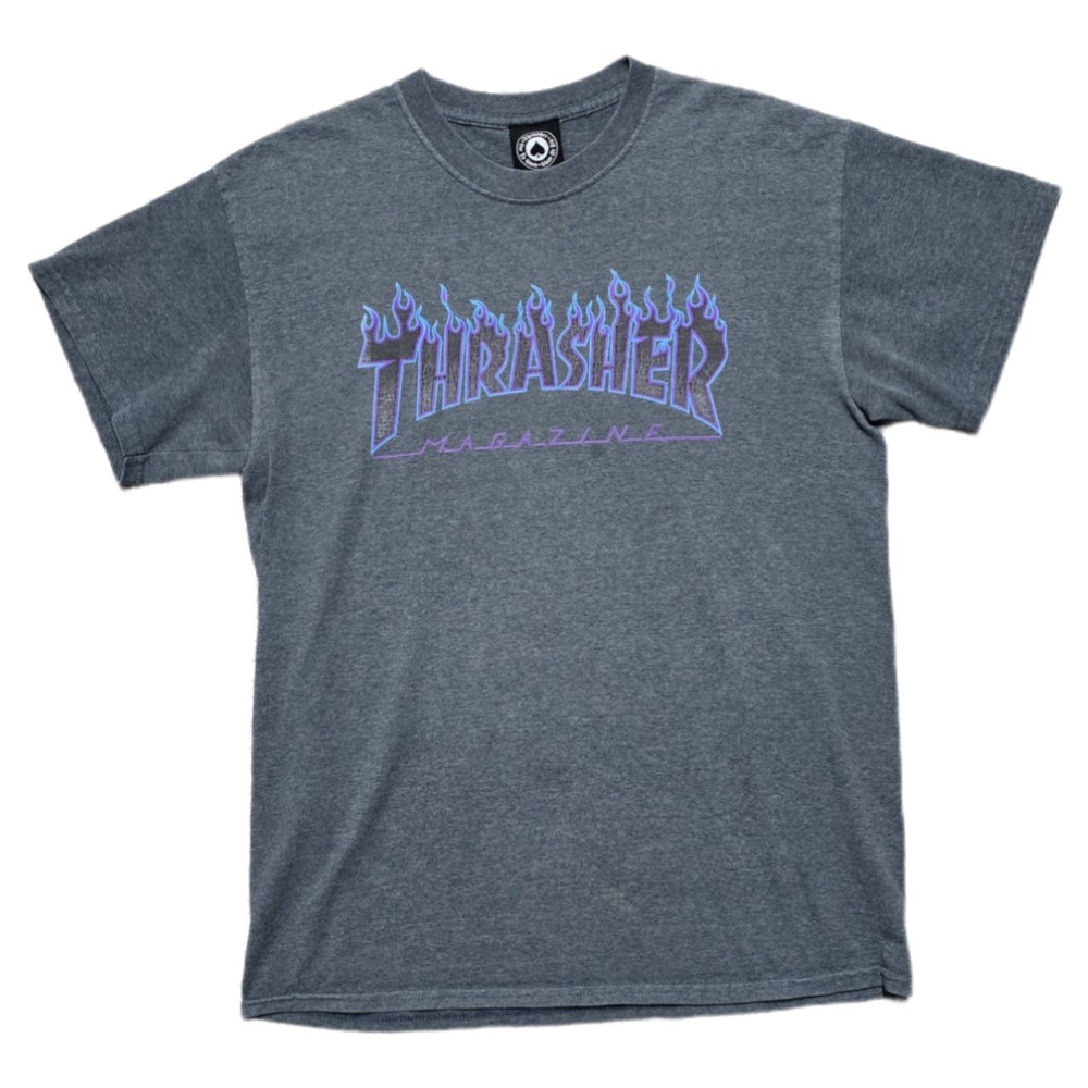 VTG Thrasher Skateboard Magazine T-Shirt Mens Medium Blue Flame Grunge
