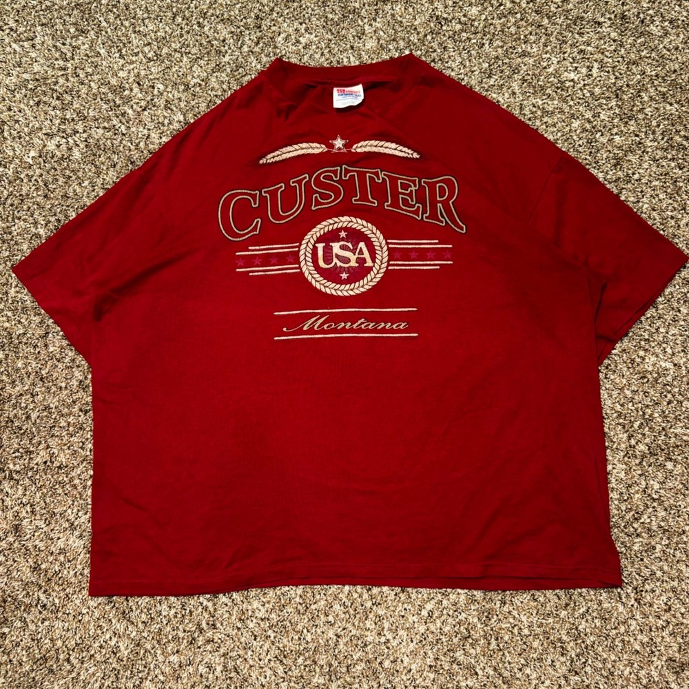 Vintage Hanes Heavyweight T-Shirt Custer USA Montana Graphic Red Mens XXL 2XL