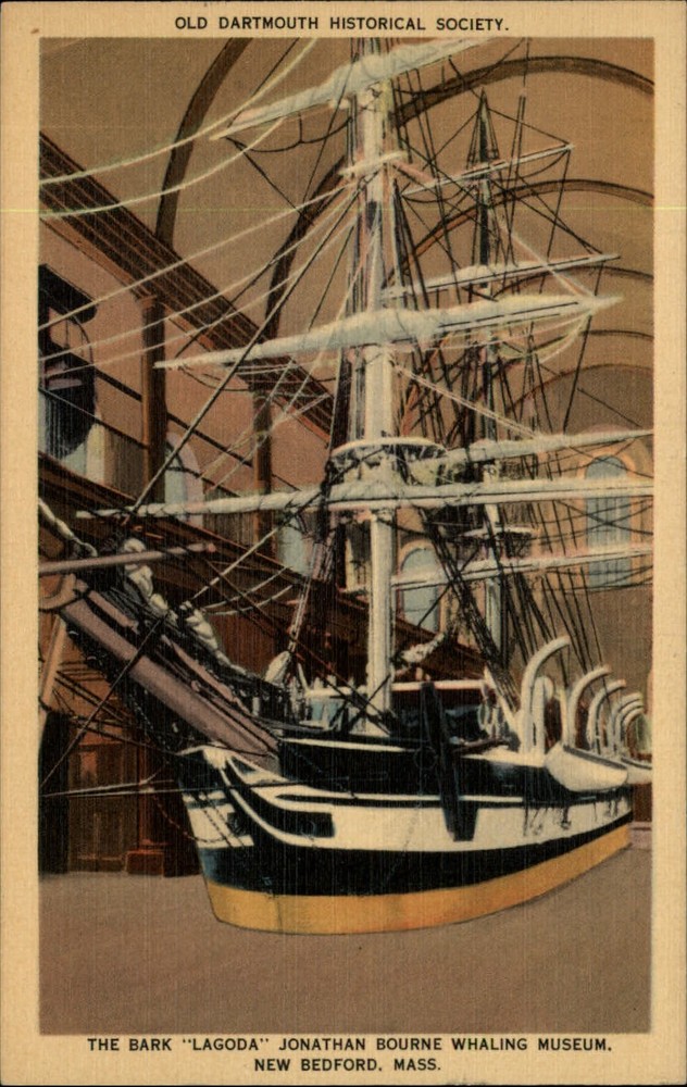 New Bedford MA Bourne Whaling Museum Lagoda ship unused vintage linen postcard