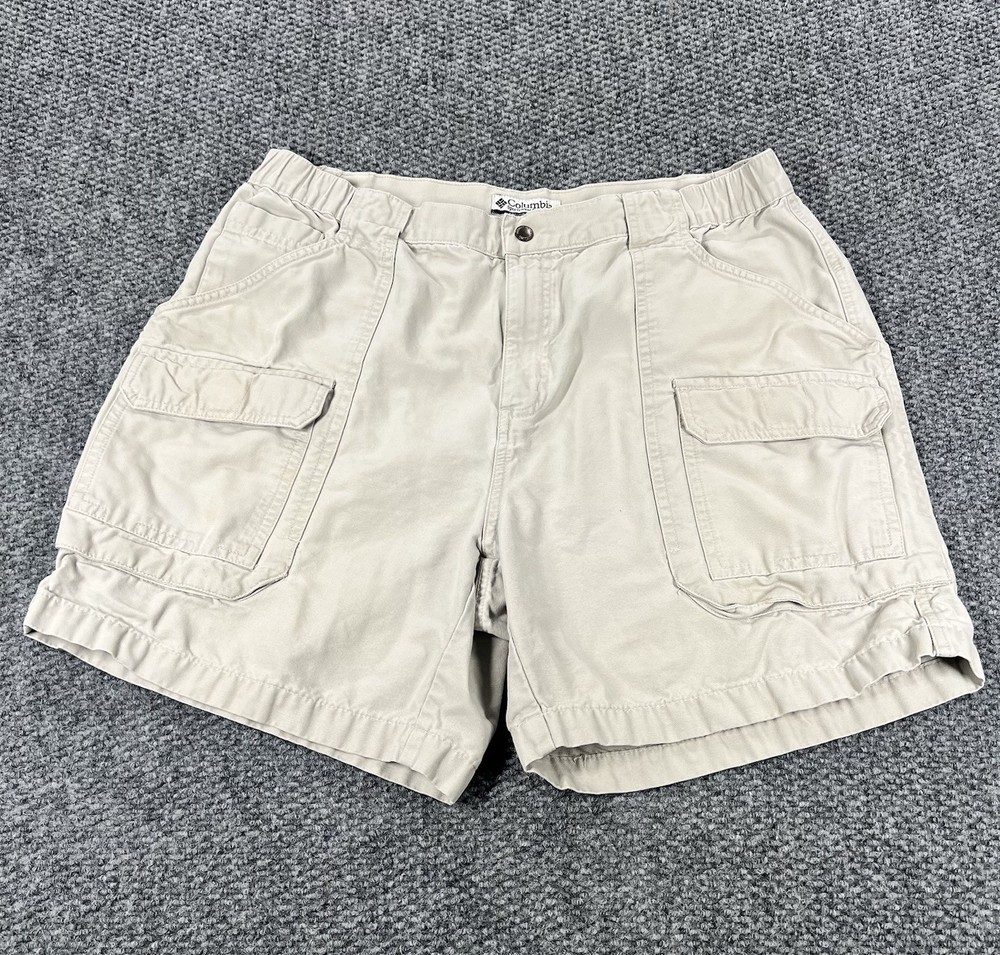 Vintage Columbia PFG Cargo Shorts Mens Large Khaki Beige Cotton Fishing Elastic