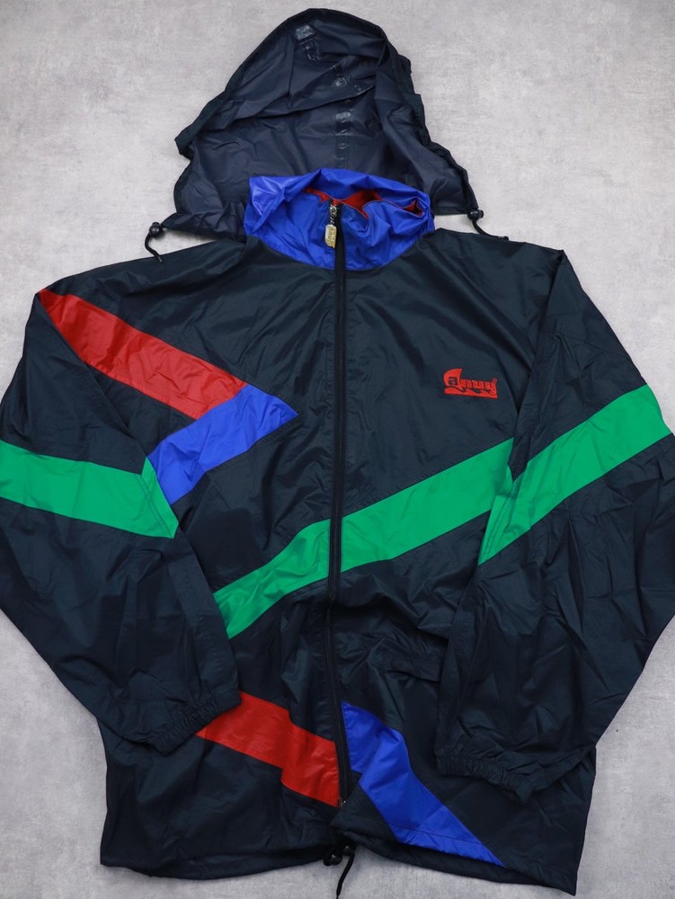 Any Windbreaker Jacket Mens Large Vintage Full Zip Hooded Retro, Multicoloured