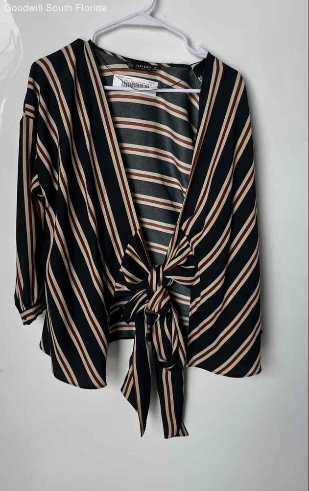 Zara Womens Multicolor Striped Print Long Sleeve Tie Front Blouse Top Size XS