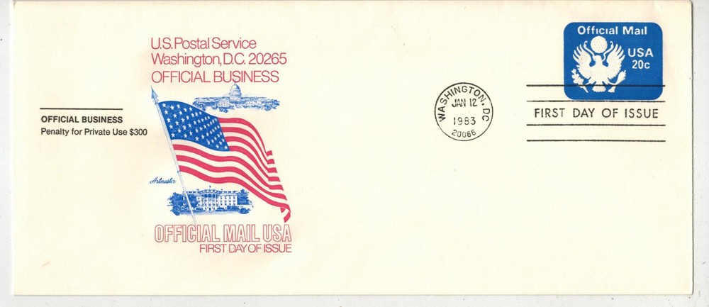 1983 EAGLE OFFICIAL BUSINESS MAIL ENV. UO73 FDC ARTMASTER USA FLAG
