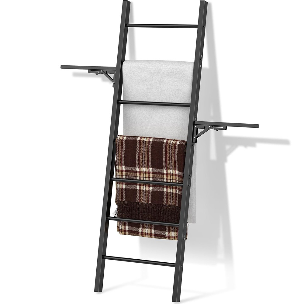 Metal Blanket Ladder, 7-Tier Towel Rack with Ajustable Side Rack, Blanket Rac...