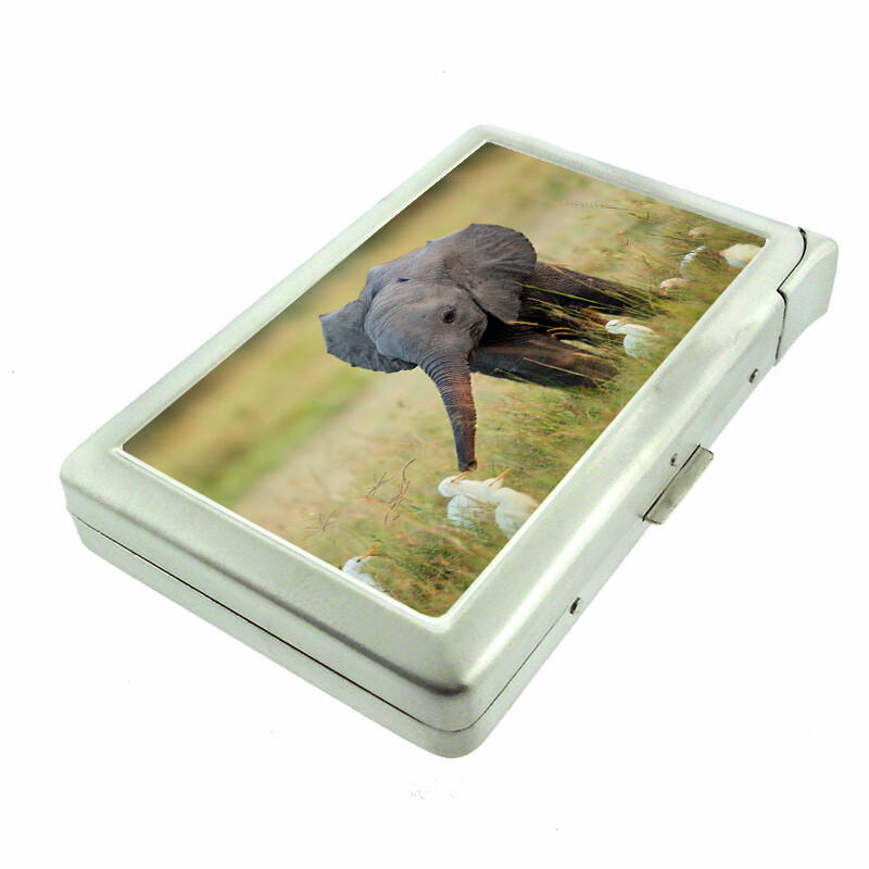 Baby Elephant Metal Cigarette Case with Built-In Lighter & Wallet