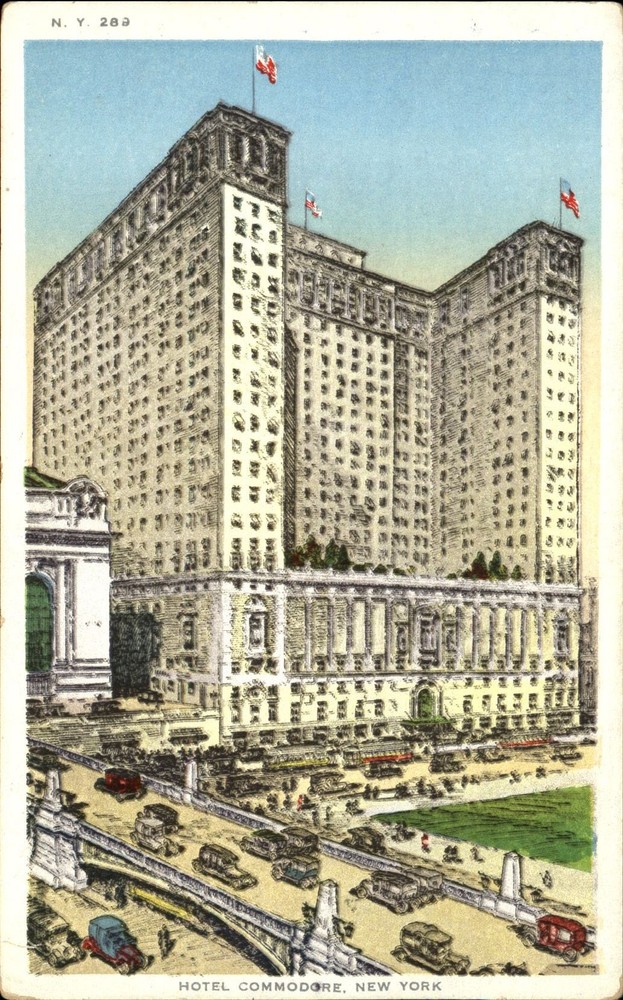 Hotel Commodore NY artist rendering adjoins Grand Central Station trolley~1920s