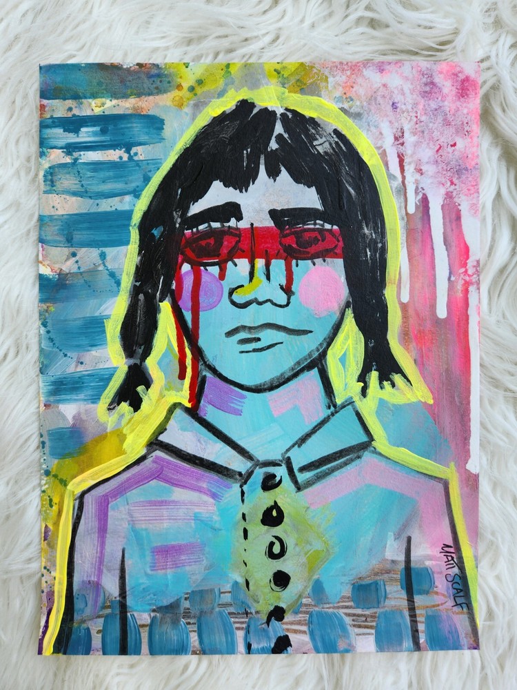 Matt Scalf Abstract Face Graffiti Art Girl Portrait Sad 9x12 ORIGINAL PAINTING-image