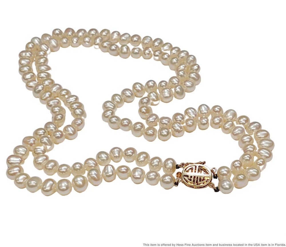 Lustrous Cultured Pearl Double Strand Vintage Necklace w/ Fancy 14k Gold Clasp