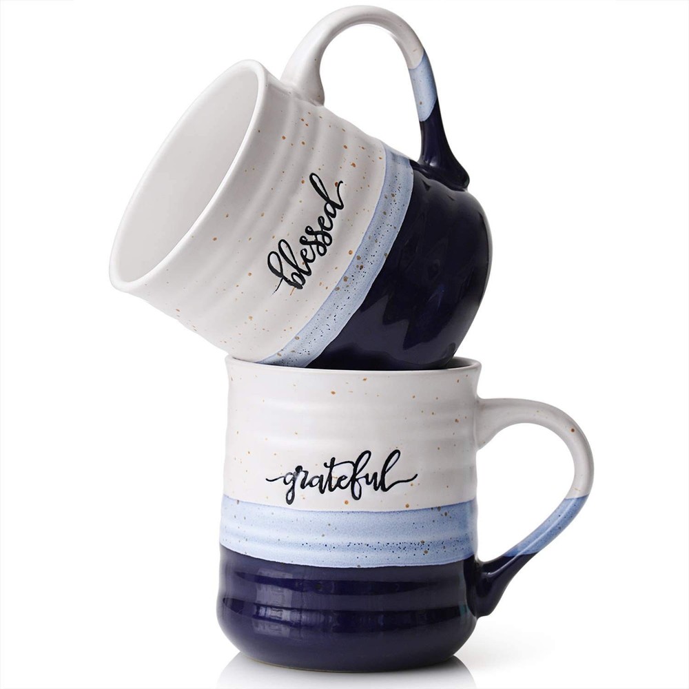 DOWAN 20oz Large Porcelain Coffee Mug with Blessed Grateful Design