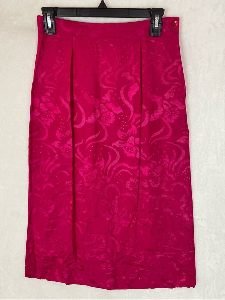 Fuchsia Floral Jacquard Midi Silk Size 10 Vtg Skirt Boho Retro 80's