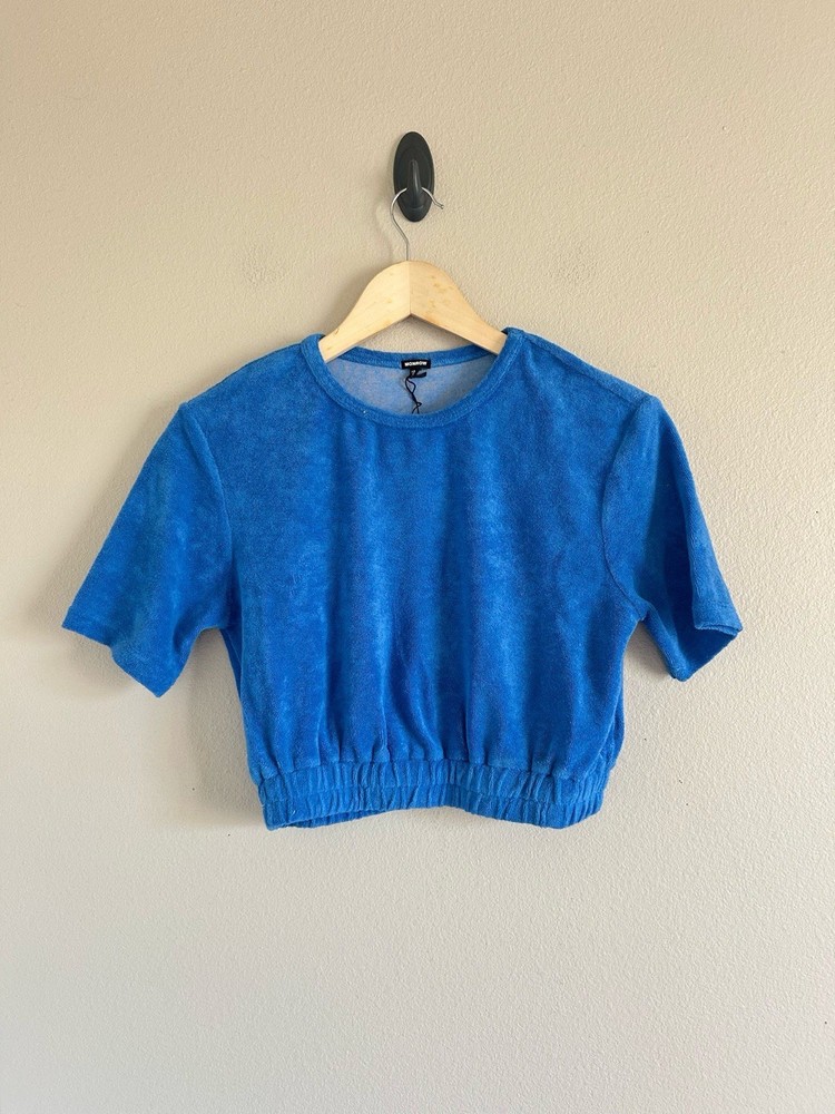 $98 Monrow Women's Blue Cotton Terrycloth Short-Sleeve Crop Top Size XS