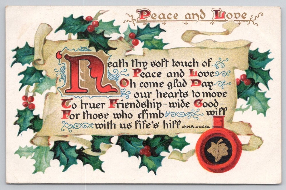 Raphael Tuck Yuletide Holly Christmas Peace & Love Postcard 1907 Sedgwick ME