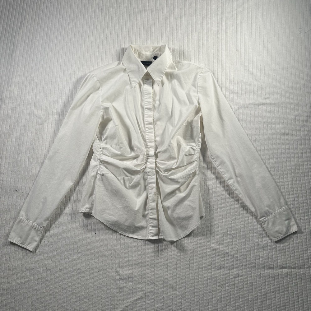 New York & Company White Stretch Button Up Blouse Ruched Waist Women's Size 6