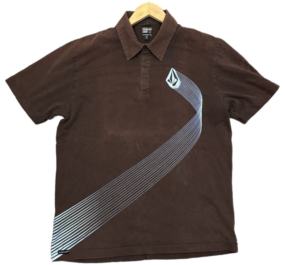 Vintage Volcom Polo Shirt Men’s Brown Graphic Print Short Sleeve Size Large 90s