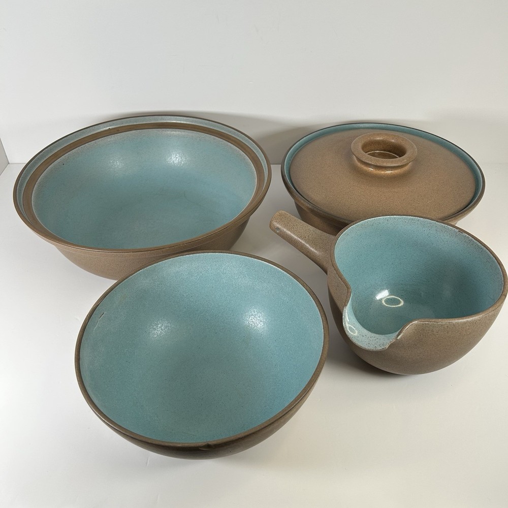 Vtg 1950s Heath Ceramics Coupe Glazed Aqua Brown 4 Pieces + Lid USA *SEE FLAWS*