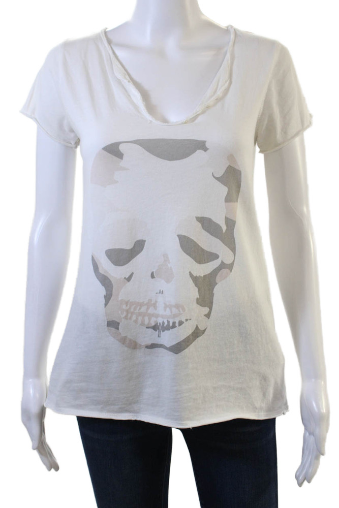 Zadig & Voltaire Women White Skull Graphic V-Neck T-Shirt Cotton Size SFree Shipping in US $100+ Orders | $6.95 Orders Below