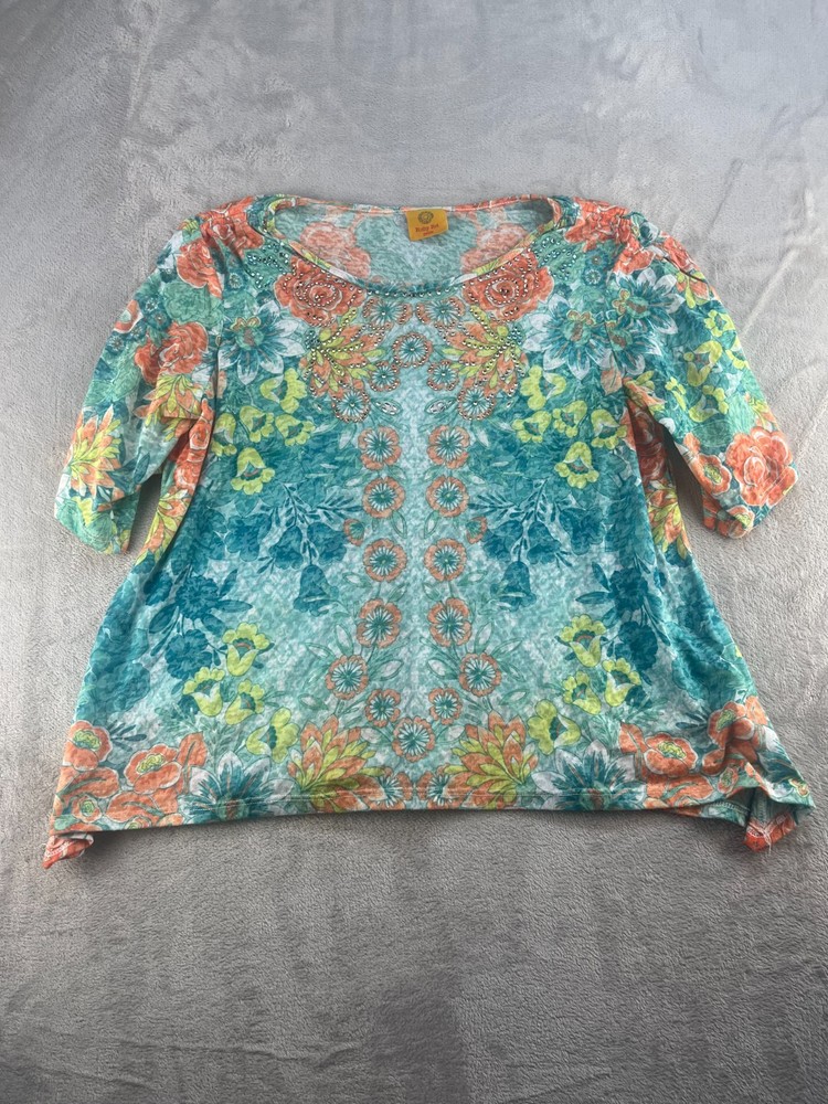 Ruby RD. Floral Blouse Womens Small 3/4 Sleeve Beaded Round Neck Boho